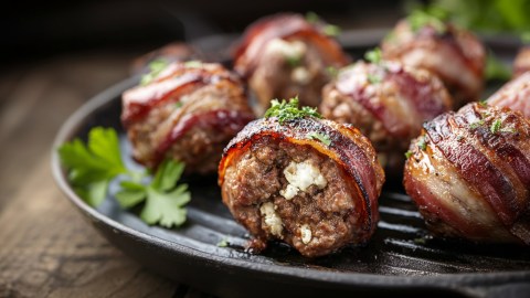 Mehrere gefüllte Frikadellen vom Grill auf einem Teller.