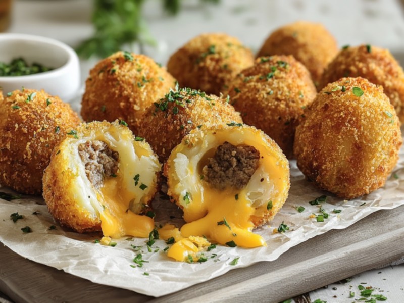 Mit Käse und Hackfleisch gefüllte Kartoffelbällchen. auf einem Teller.
