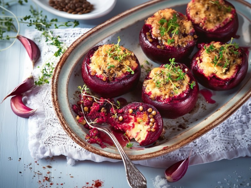 Eine Auflaufform mit einigen gefüllten Roten Beten. Die Form steht auf einem Stoffuntersetzer. Ringsum liegen einige Knoblauchzehen sowie frische Kräuter.