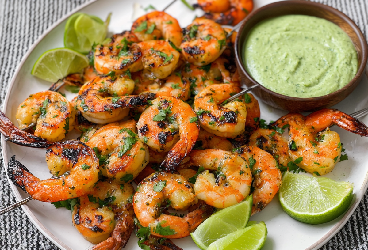 Gegrillte Garnelen mit Limette auf einem Teller, daneben eine Schale mit einem grünen Dip.