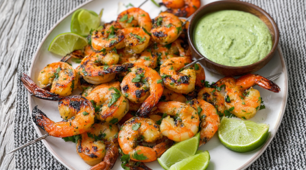Gegrillte Garnelen mit Limette auf einem Teller, daneben eine Schale mit einem grünen Dip.
