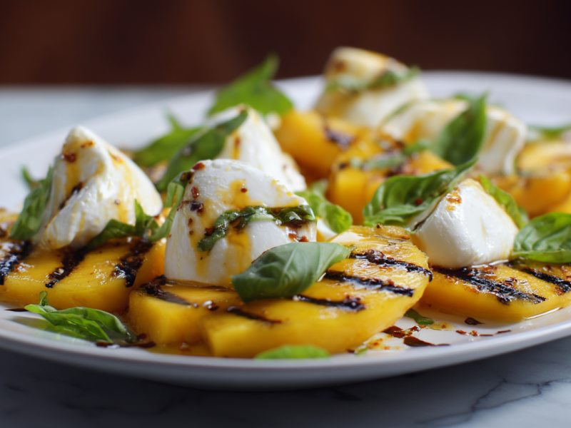 Gegrillte Mango mit Burrata, angerichtet mit einer Chili-Vinaigrette.