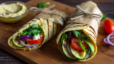 Gegrillte Zucchini-Hummus-Wraps, serviert auf einem Brett.