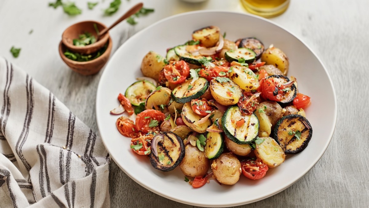 Gegrillter Kartoffelsalat mit Zucchini in einer Schüssel.