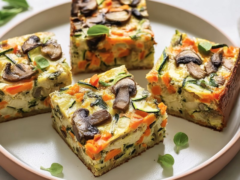 Vier Stücke Gemüsekuchen mit Zucchini vom Blech auf einem Teller.