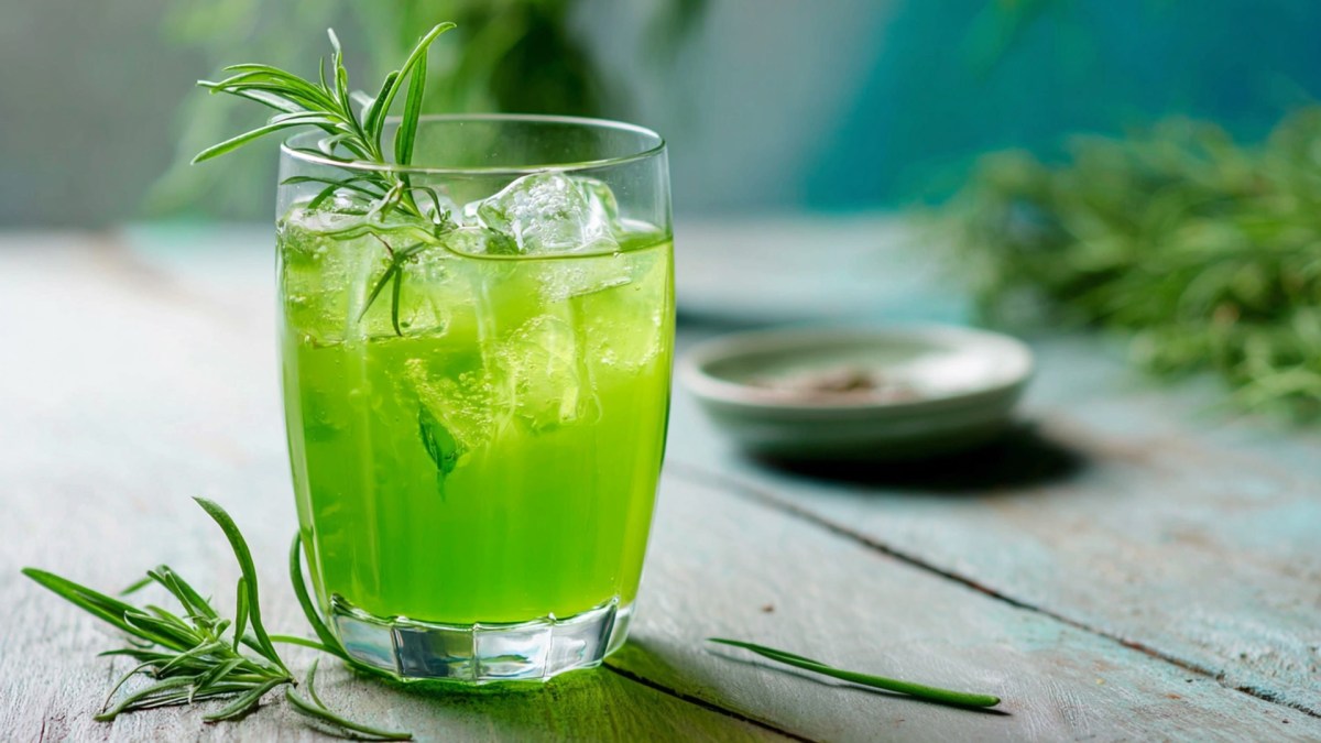 Ein Glas georgische Estragon-Limonade, die auf einer Holzoberfläche steht. Ringsum und im Hintergrund kann frischen Estragon rumliegen sehen.