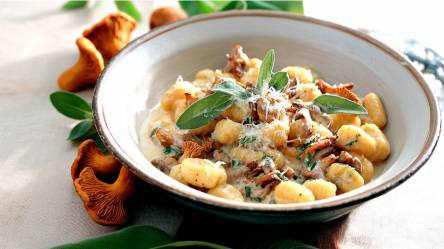Teller mit Gnocchi in Pfifferling-Sahnesoße