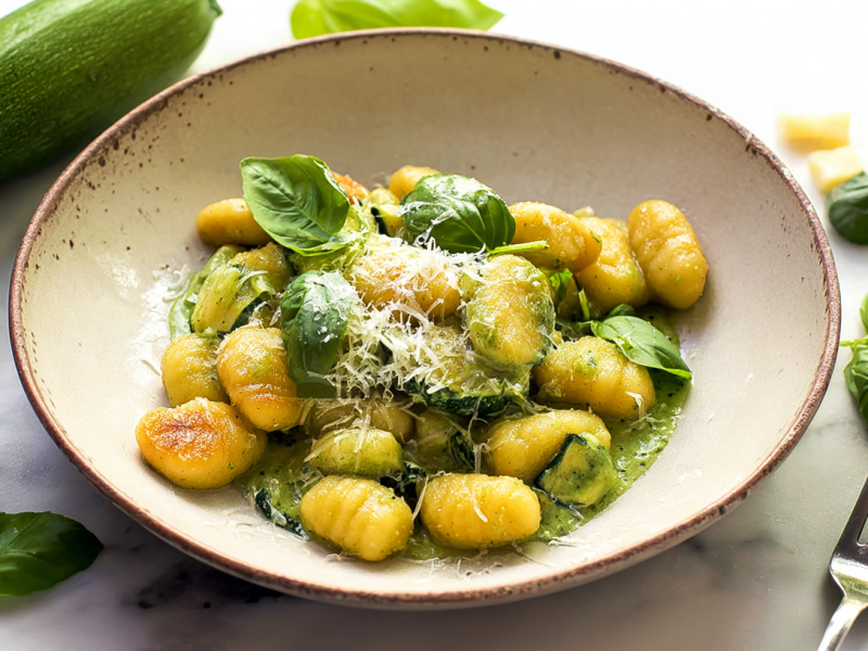 Eine Schüssel mit Gnocchi mit Zucchini-Basilikum-Soße.