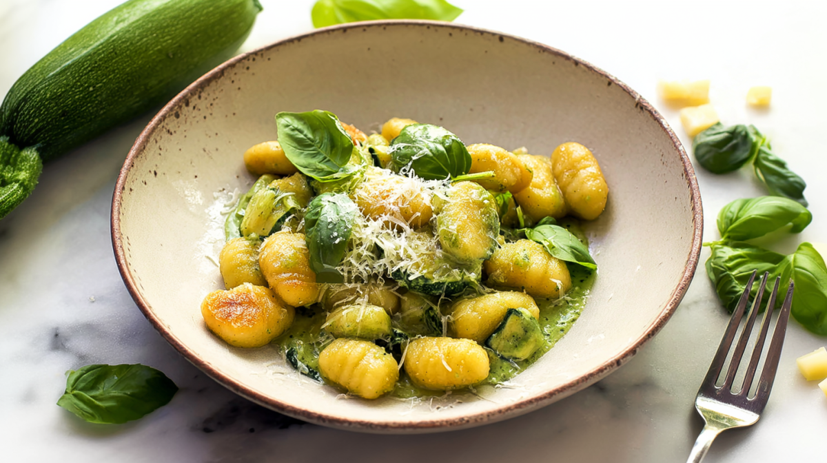 Eine Schüssel mit Gnocchi mit Zucchini-Basilikum-Soße.