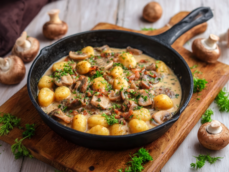 Eine Gnocchi-Pilz-Pfanne mit Hähnchen auf einem Holzbrett.