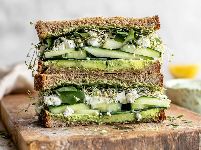 Zwei Hälften eines Green Goddess Sandwich, die aufeinander gestapelt sind. Man sieht sehr gut den Belag aus Avocado, Gurke, Kresse, Feta. Das Sandwich liegt auf einem Holzbrett.