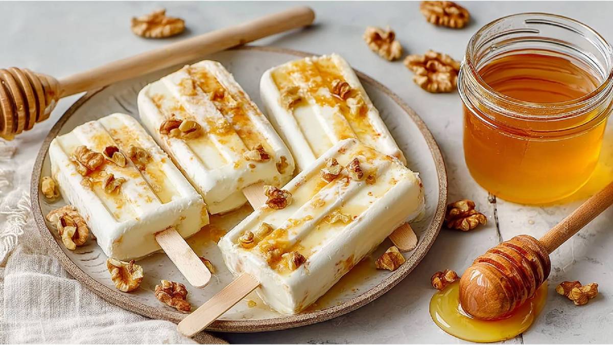 Vier griechische Joghurt-Honig-Eis am Stiel auf einem Teller. Glas flüssiger Honig daneben