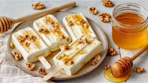 Vier griechische Joghurt-Honig-Eis am Stiel auf einem Teller. Glas flüssiger Honig daneben