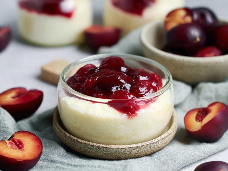 Eine kleine Glasschüssel mit Grießquark mit Pflaumenkompott, die auf einem Untersetzer steht. Ringsum liegen halbierte und entsteinte Pflaumen und einige Schalen mit Pflaumen sind zu sehen.