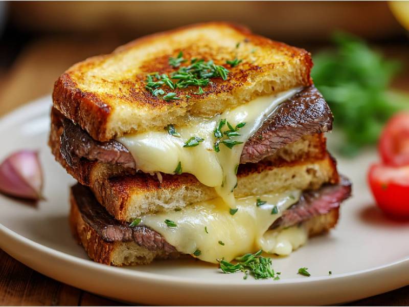 Teller mit zwei Grilled Cheese Sandwiches mit Steak