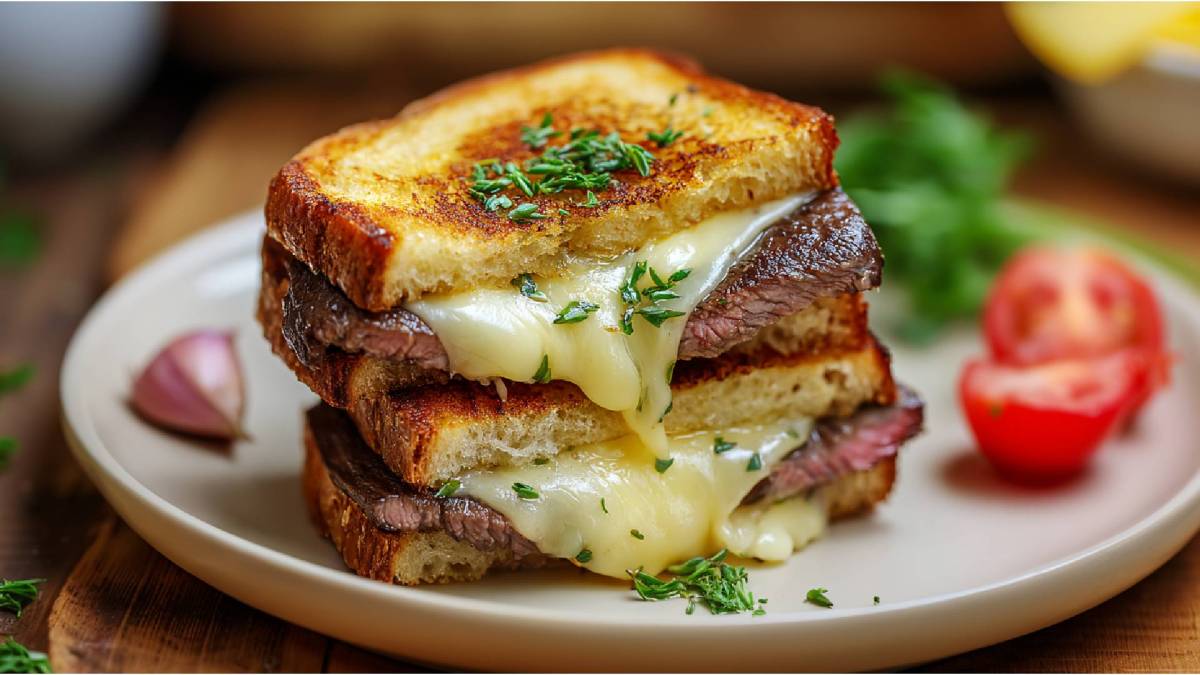 Teller mit zwei Grilled Cheese Sandwiches mit Steak