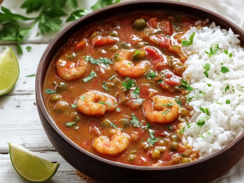 Eine Schüssel Gumbo mit Reis.