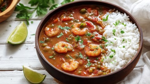 Eine Schüssel Gumbo mit Reis.