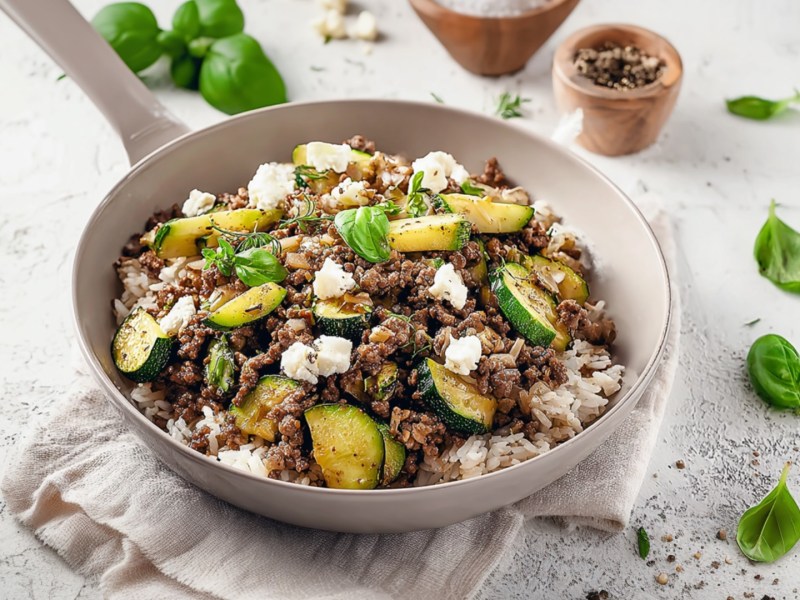 Eine Hackfleischpfanne mit Zucchini, Feta und Reis.