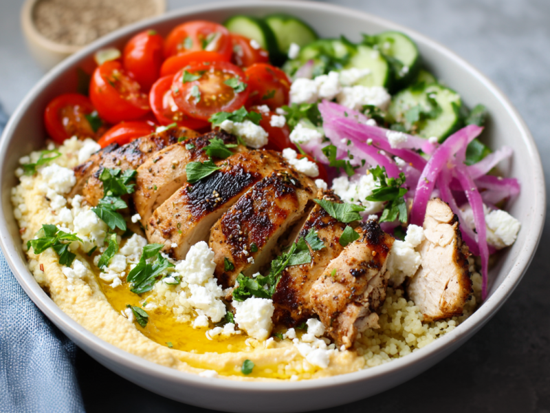 Hähnchen-Bowl mit Hummus in einer Schüssel.