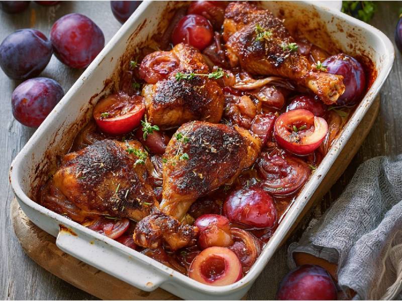Auflaufform mit Hähnchenschenkel mit Sumach-Pflaumen