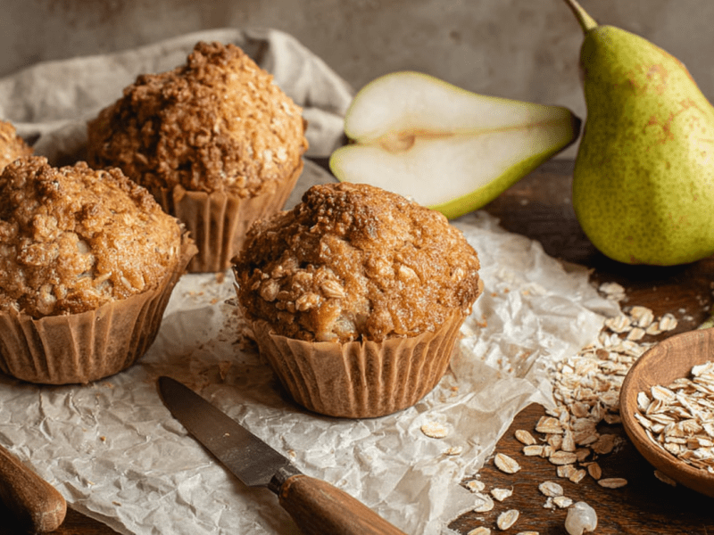 Haferflocken-Birnen-Muffins auf einer Backpapier-Unterlage.