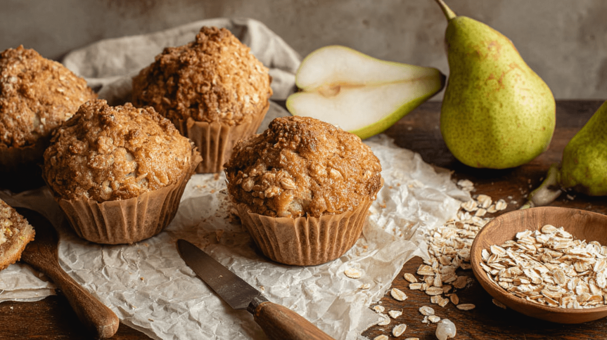 Haferflocken-Birnen-Muffins auf einer Backpapier-Unterlage.