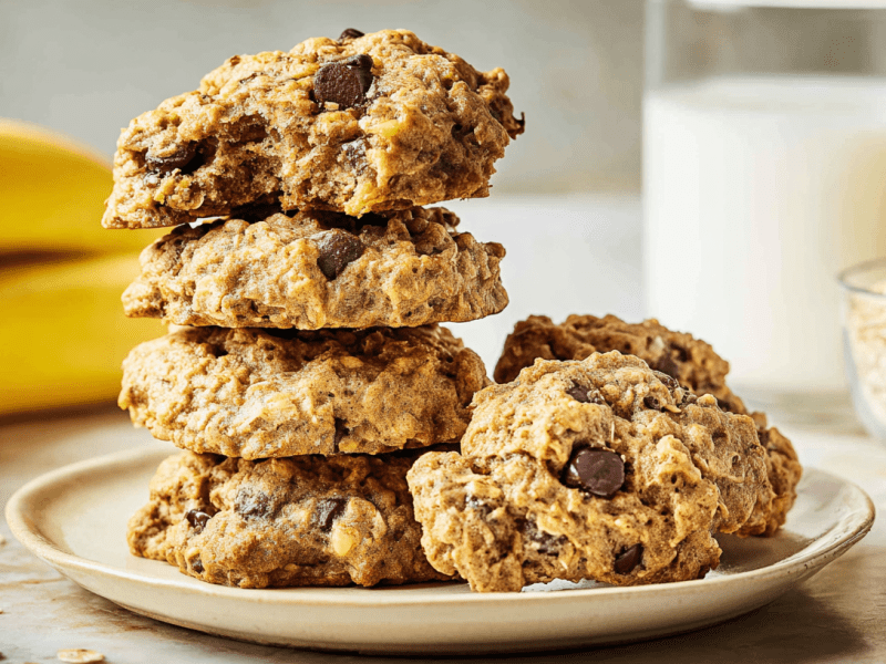 Ein Stapel Haferflocken-Frühstückskekse mit Banane, dahinter ein Glas Milch.
