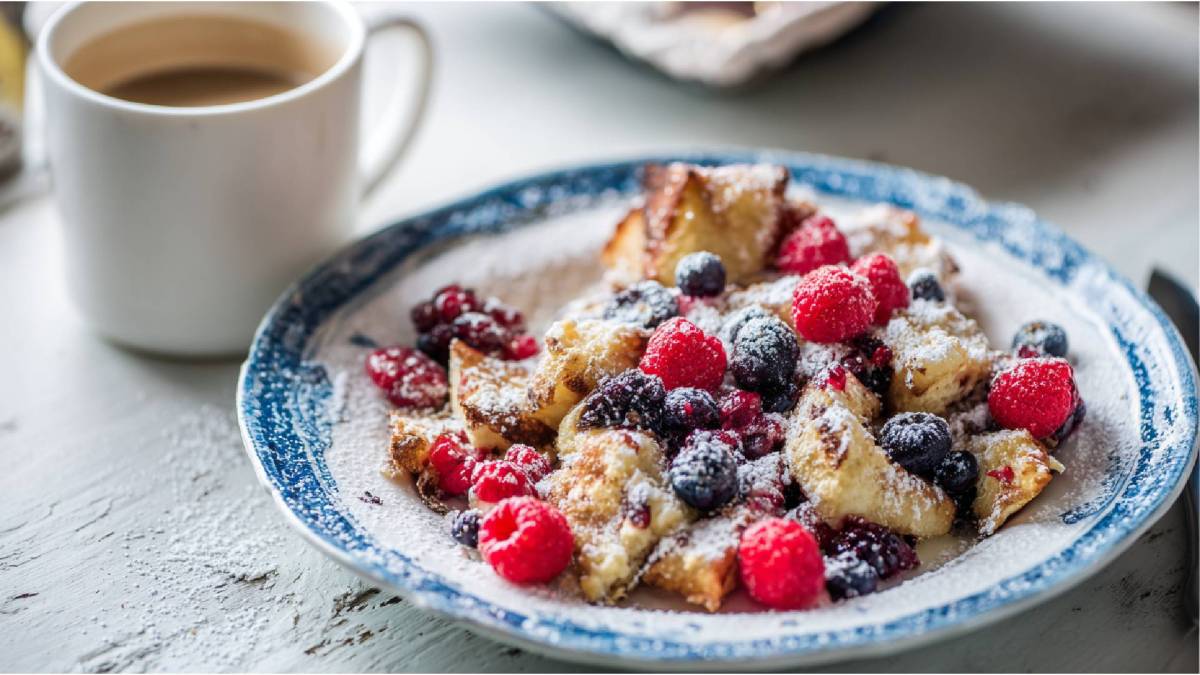 Teller mit Haferflocken-Kaiserschmarrn und einer Tasse Kaffee im Hintergrund