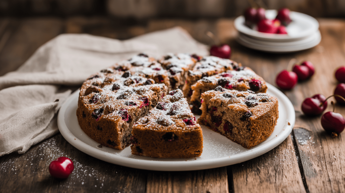Haselnuss-Kirsch-Kuchen, serviert auf einem Teller.