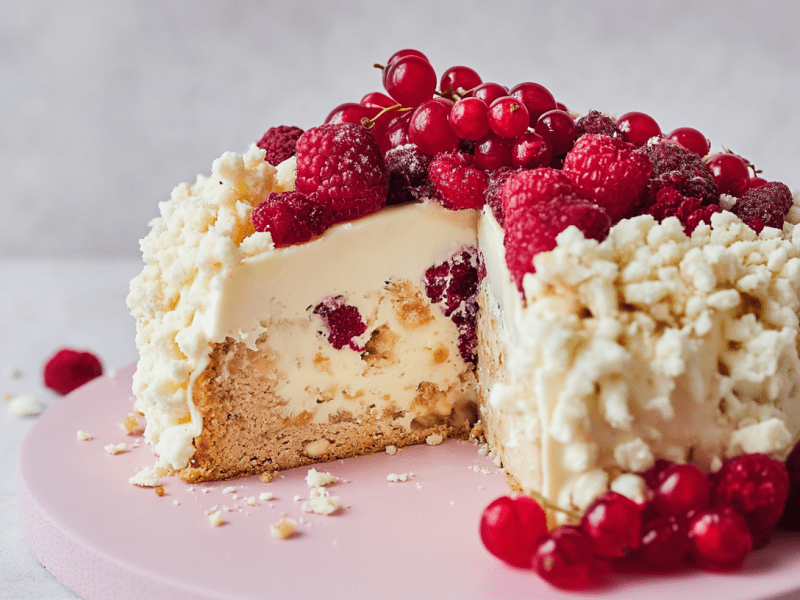 Heller Maulwurfkuchen mit Himbeeren, angeschnitten auf einer Platte stehend. Verziert ist der Kuchen mit frischen Himbeeren und Johannisbeeren.