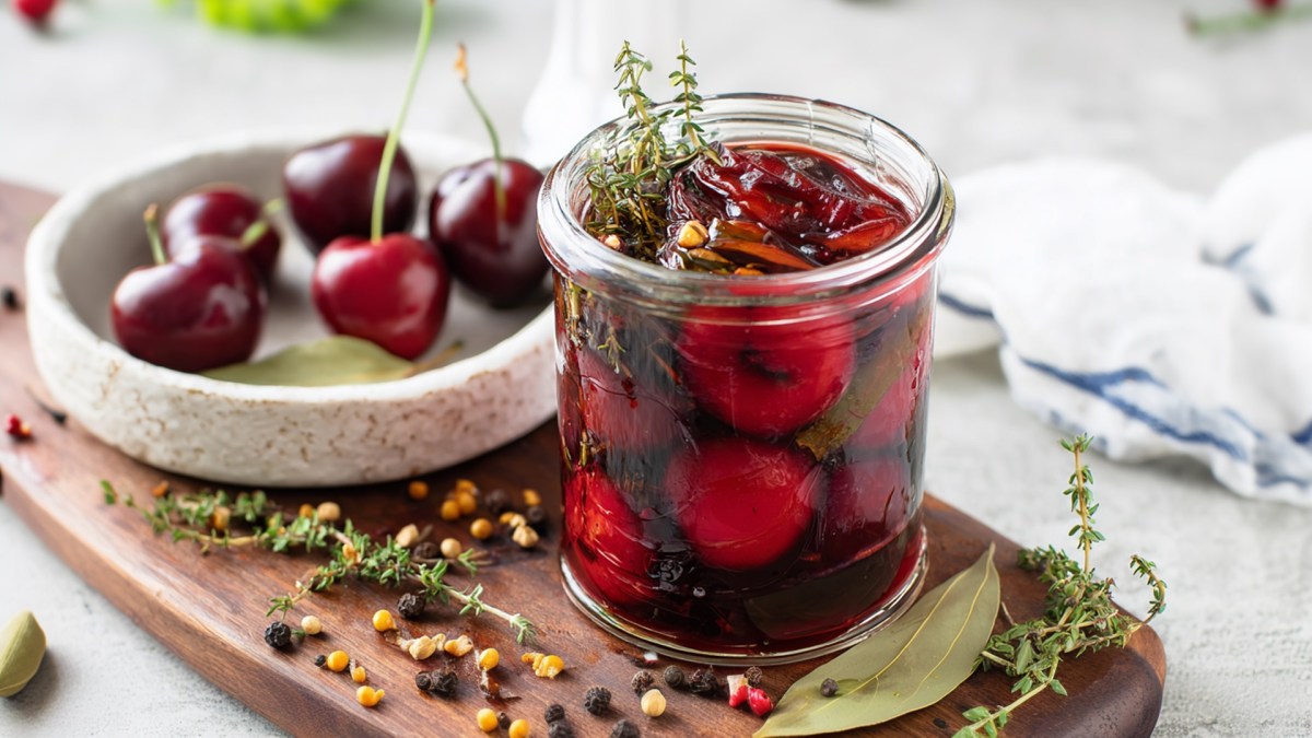 Ein Glas mit herzhaft eingelegten Kirschen. Drumherum liegen Pfeffer- und Senfkörner sowie frischer Thymian und Lorbeerblätter. Im Hintergrund ist eine Schale mit frischen Kirschen erkennbar.