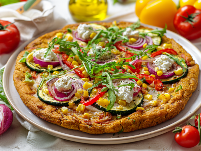 High Protein Pizza, serviert auf einem Teller. Frisches Gemüse liegt als Deko außen herum.