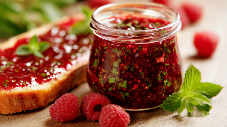 Ein Glas mit Himbeer-Minz-Marmelade auf einem Tisch. Davor liegen drei Himbeeren, rechts daneben ein Minzblatt, links daneben ein Brot mit der Marmelade.