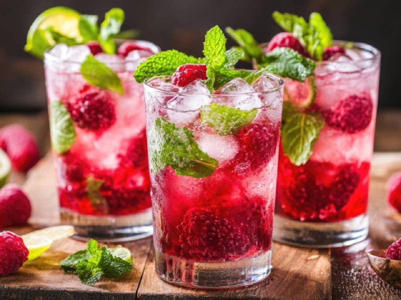 3 Gläser Himbeer-Mojito auf einem Tisch