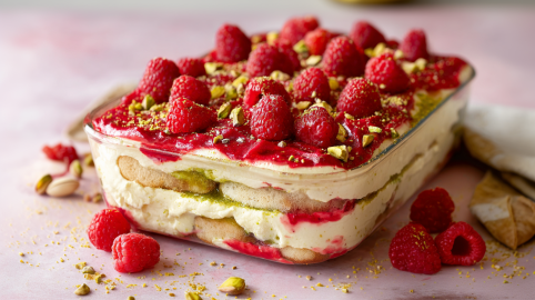 Himbeer-Pistazien-Auflauf in einer Form.