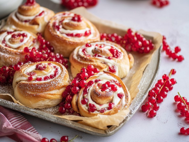 Ein kleines Backblech mit Johannisbeerschnecken. Das Ganze ist mit frischen roten Johannisbeeren garniert und dekoriert. Auch neben dem Blech liegen einige Beeren verteilt.
