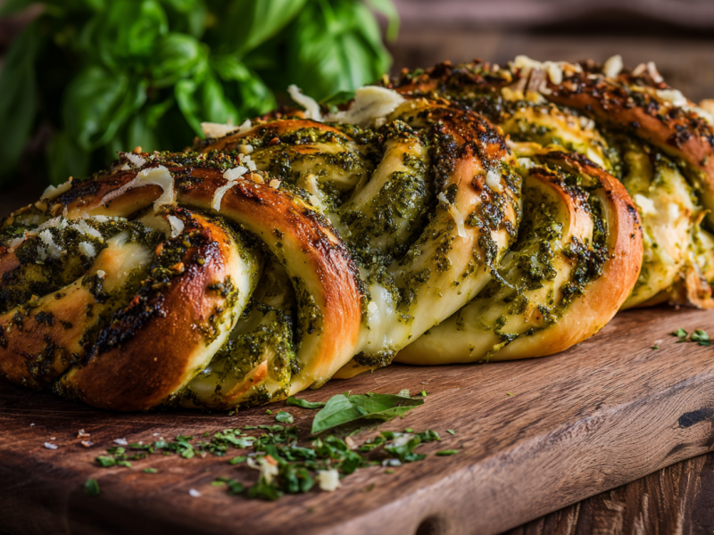Ein Käse-Pesto-Knoblauchbrot, serviert auf einem Brett.