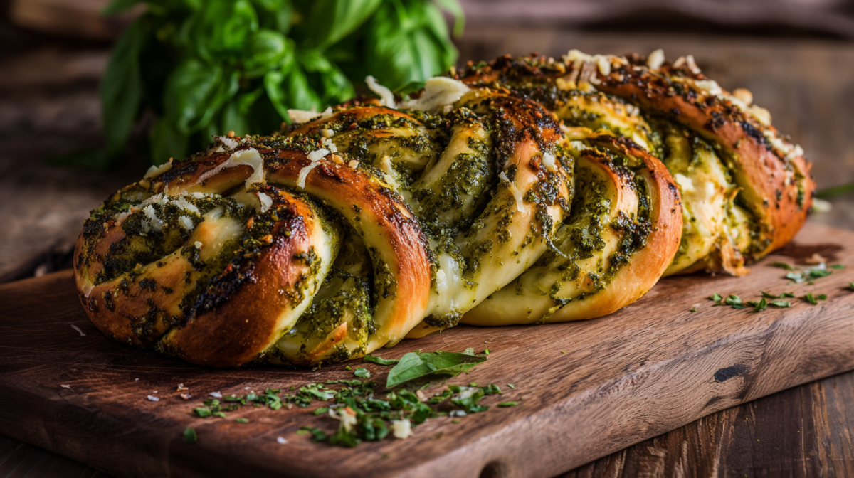 Ein Käse-Pesto-Knoblauchbrot, serviert auf einem Brett.