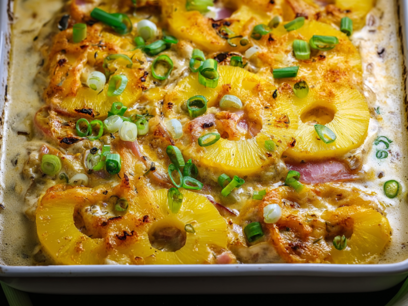 Kassler Hawaii aus dem Ofen, serviert auf einem Blech.