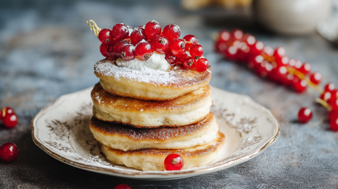 Ein Stapel Kefir-Pancakes, serviert mit roten Johannisbeeren und Puderzucker.