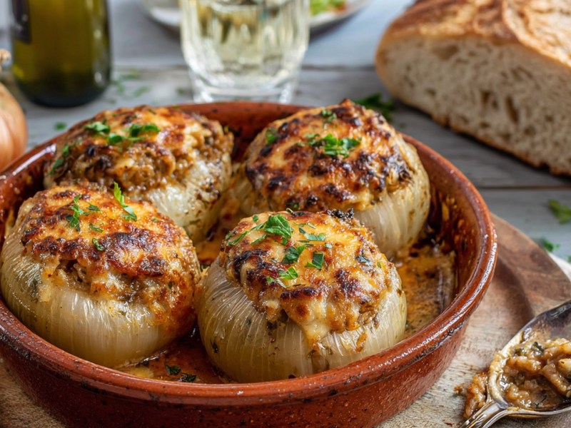 Eine kleine runde Auflaufform mit Kelemia, griechischen gefüllten Zwiebeln. Die Form steht auf einem Holzbrett. Dahinter ist ein angeschnittenes Weißbrot, ein Glas und eine Flasche Wein zu sehen. Außerdem liegt eine Gemüsezwiebel im Bild.
