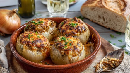 Eine kleine runde Auflaufform mit Kelemia, griechischen gefüllten Zwiebeln. Die Form steht auf einem Holzbrett. Dahinter ist ein angeschnittenes Weißbrot, ein Glas und eine Flasche Wein zu sehen. Außerdem liegt eine Gemüsezwiebel im Bild.