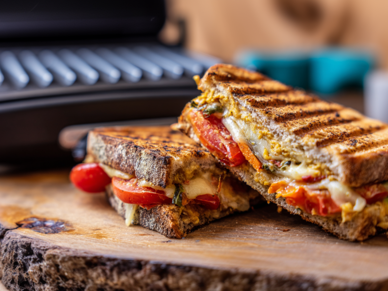 Zwei Kichererbsen-Möhren-Sandwiches liegen auf einem Holzbrett. Im Hintergrund sieht man einen Kontaktgrill. Drumherum verteilt liegen einige Tomaten.