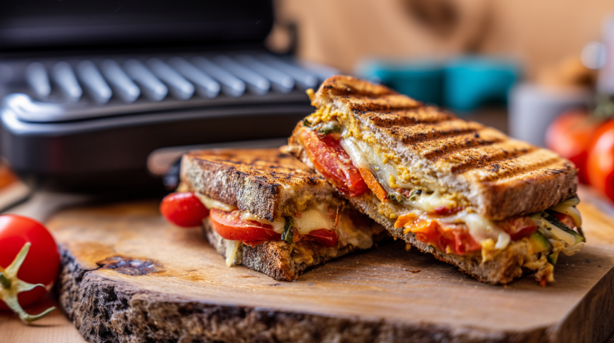 Zwei Kichererbsen-Möhren-Sandwiches liegen auf einem Holzbrett. Im Hintergrund sieht man einen Kontaktgrill. Drumherum verteilt liegen einige Tomaten.