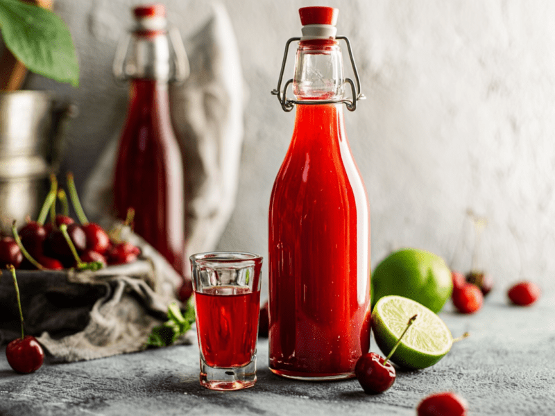 Eine Flasche Kirsch-Limes steht vor einem Hintergrund, ein Shotglas mit dem Limes daneben. Einige frische Kirschen und Limette liegen als Deko daneben.