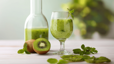 Ein Glas Kiwi-Limes auf einem weißen Holztisch. Neben dem Glas liegen zwei Kiwis, eine davon halbiert. Dahinter steht eine halb leere Flasche mit dem Kiwi-Limes.