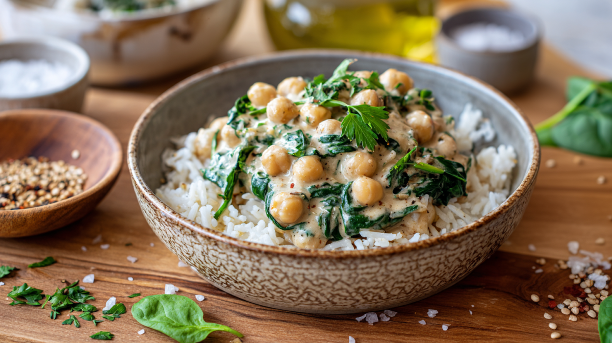 Eine Knoblauch-Kichererbsenpfanne angerichtet in einer marmorierten Schüssel. Um die Schüssel verteilt liegen weitere Zutaten, wie Basilikum und Salzkörner.