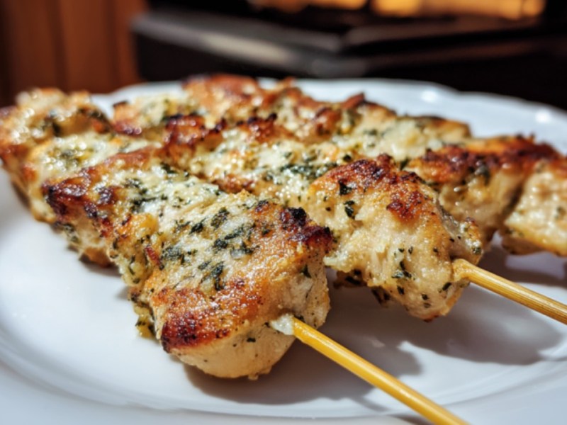 Mehrere Knoblauch-Parmesan-Hähnchenspieße auf einem Teller.