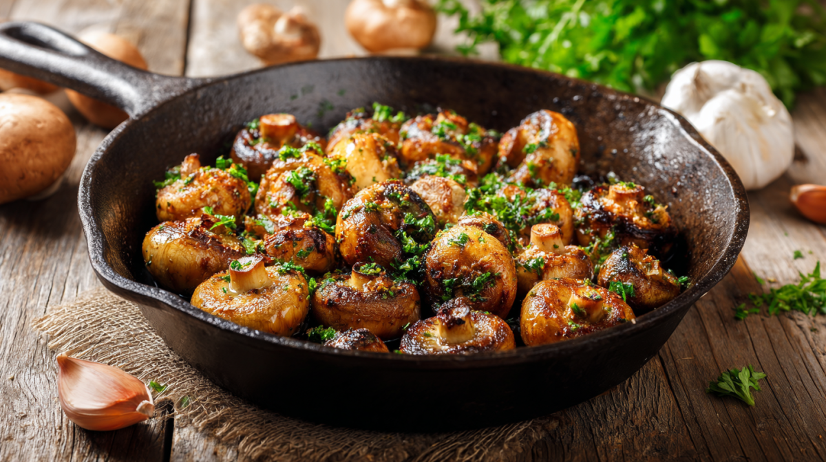 Eine Pfanne Knoblauch-Parmesan-Pilze. Um die Pfanne liegen eine Champignons und etwas Knoblauch verteilt. Im Hintergrund rechts liegt frische Petersilie.